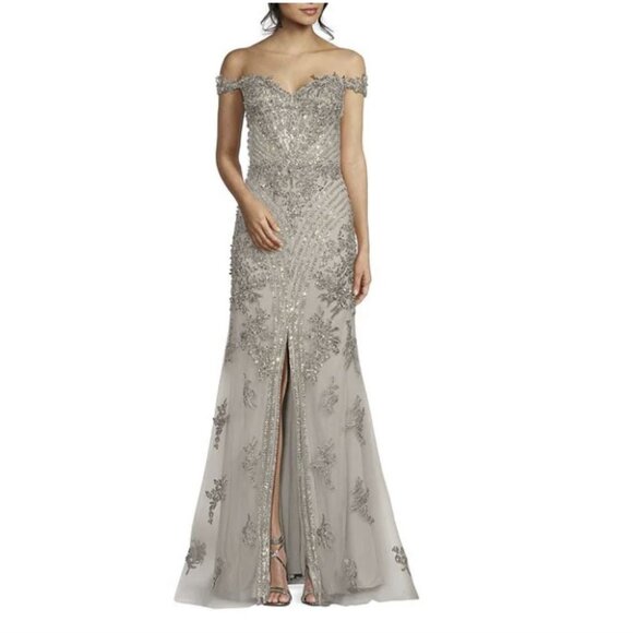 Coya Collection Silver Off-The-Shoulder Beaded Embroidery Mermaid Gown Size M - Picture 4 of 8